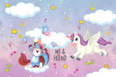 Flying unicorn nursery wallpaper with soft clouds and fantasy theme